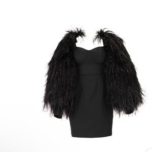 Strapless Black Mini Dress with Dramatic Feather Jacket